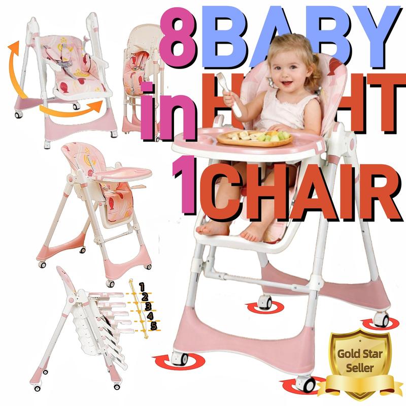 Foldable Baby High Chair with Adjustable Height & Recline