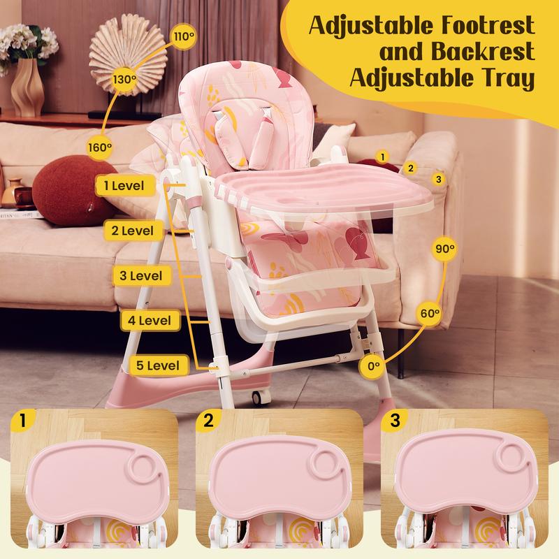 Foldable Baby High Chair with Adjustable Height & Recline