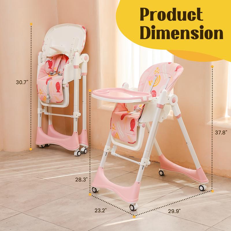 Foldable Baby High Chair with Adjustable Height & Recline