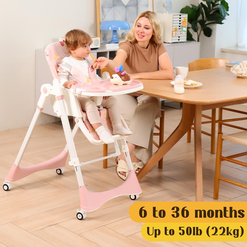 Foldable Baby High Chair with Adjustable Height & Recline