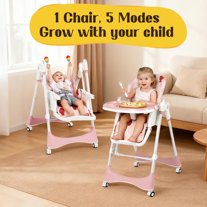 Foldable Baby High Chair with Adjustable Height & Recline